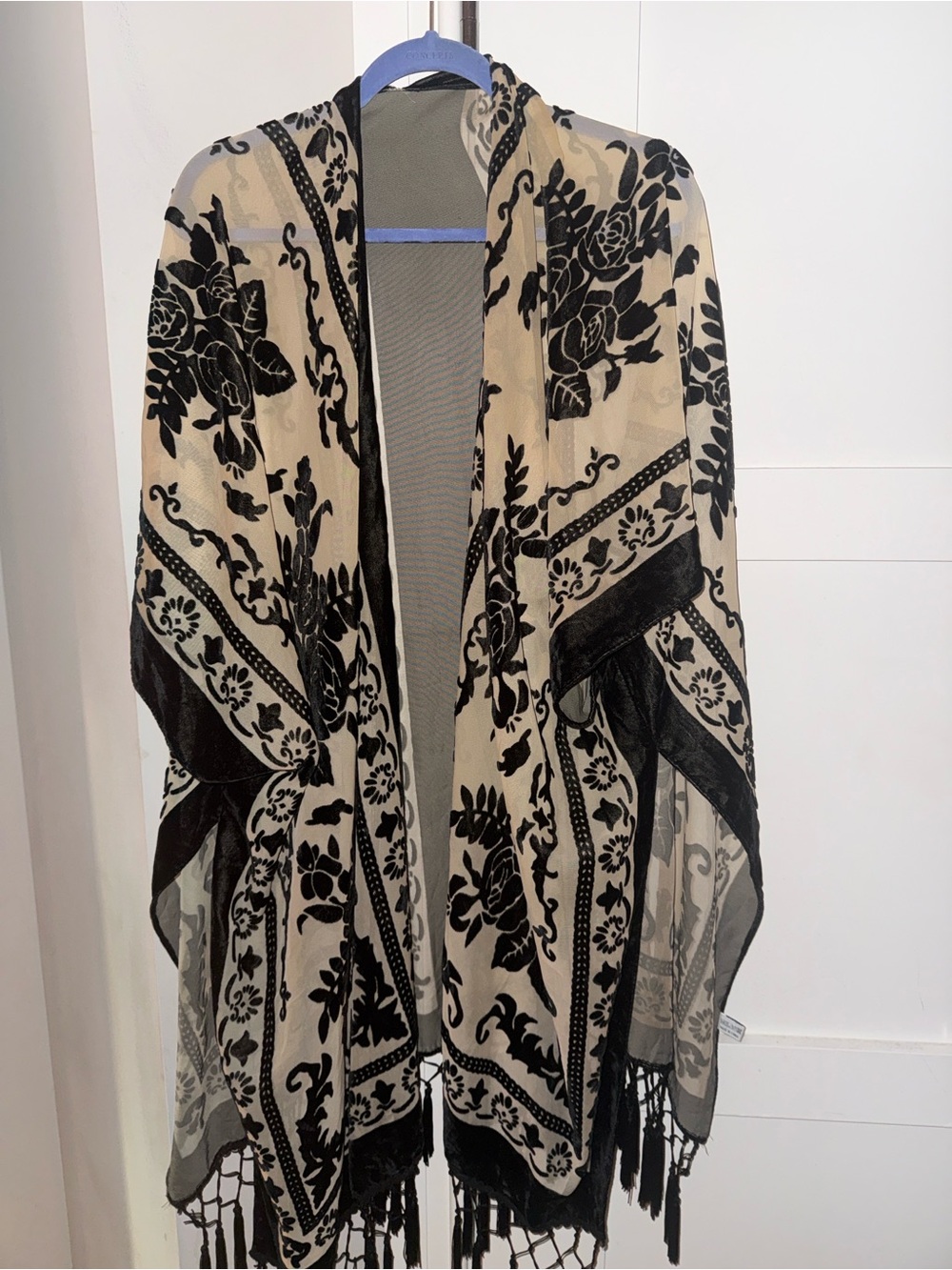 Sheer Floral Fringe Kimono - Black and Cream